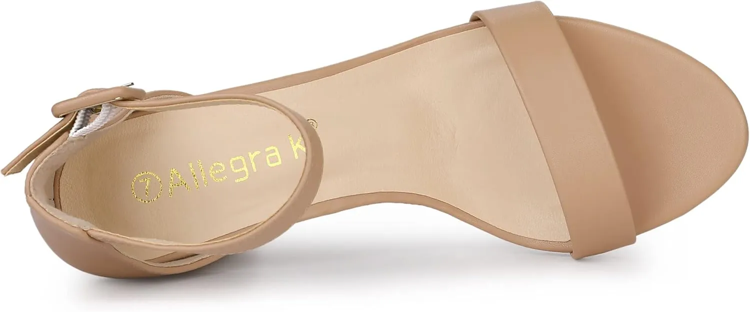 Allegra K Women's Solid Open Toe Buckle Block Heel Ankle Strap Sandals