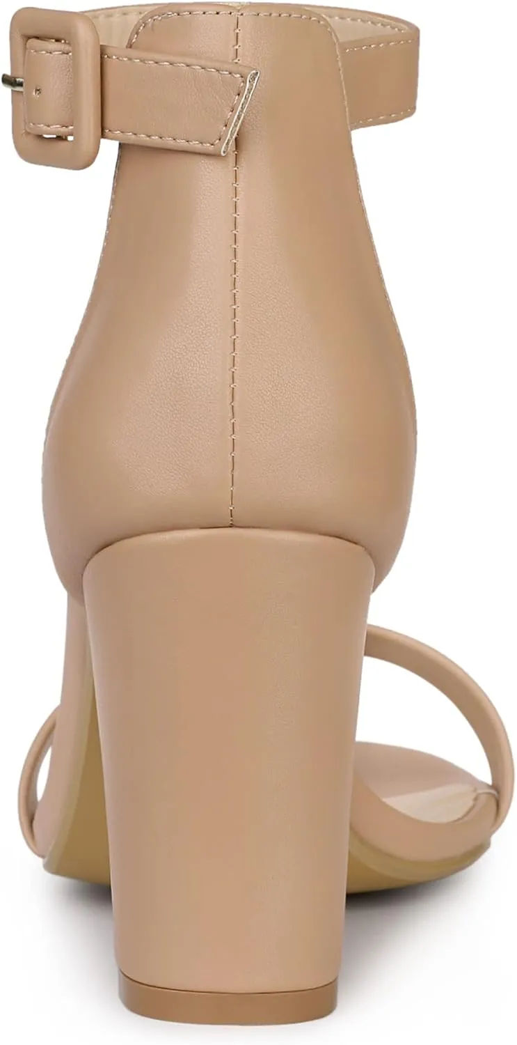 Allegra K Women's Solid Open Toe Buckle Block Heel Ankle Strap Sandals