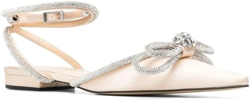 Arqa Double Bow Crystal Embellished Flats Women's Rhinestone Ankle Straps Ballet Flat Pointed Toe Bows Ballerina Shoes