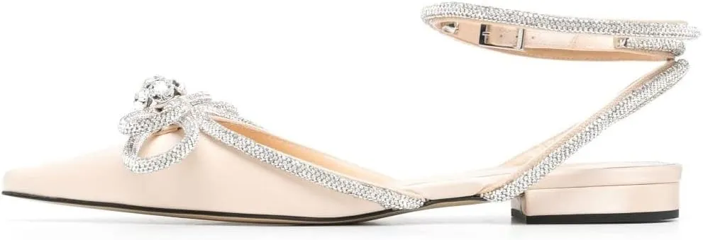 Arqa Double Bow Crystal Embellished Flats Women's Rhinestone Ankle Straps Ballet Flat Pointed Toe Bows Ballerina Shoes