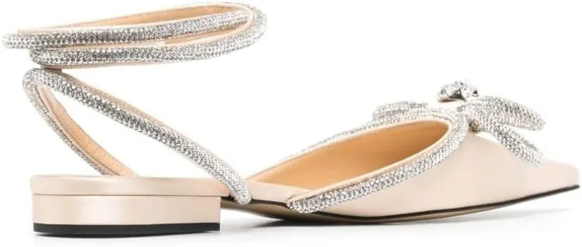 Arqa Double Bow Crystal Embellished Flats Women's Rhinestone Ankle Straps Ballet Flat Pointed Toe Bows Ballerina Shoes