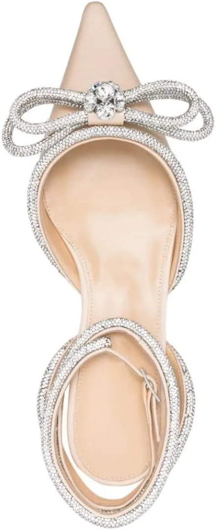 Arqa Double Bow Crystal Embellished Flats Women's Rhinestone Ankle Straps Ballet Flat Pointed Toe Bows Ballerina Shoes