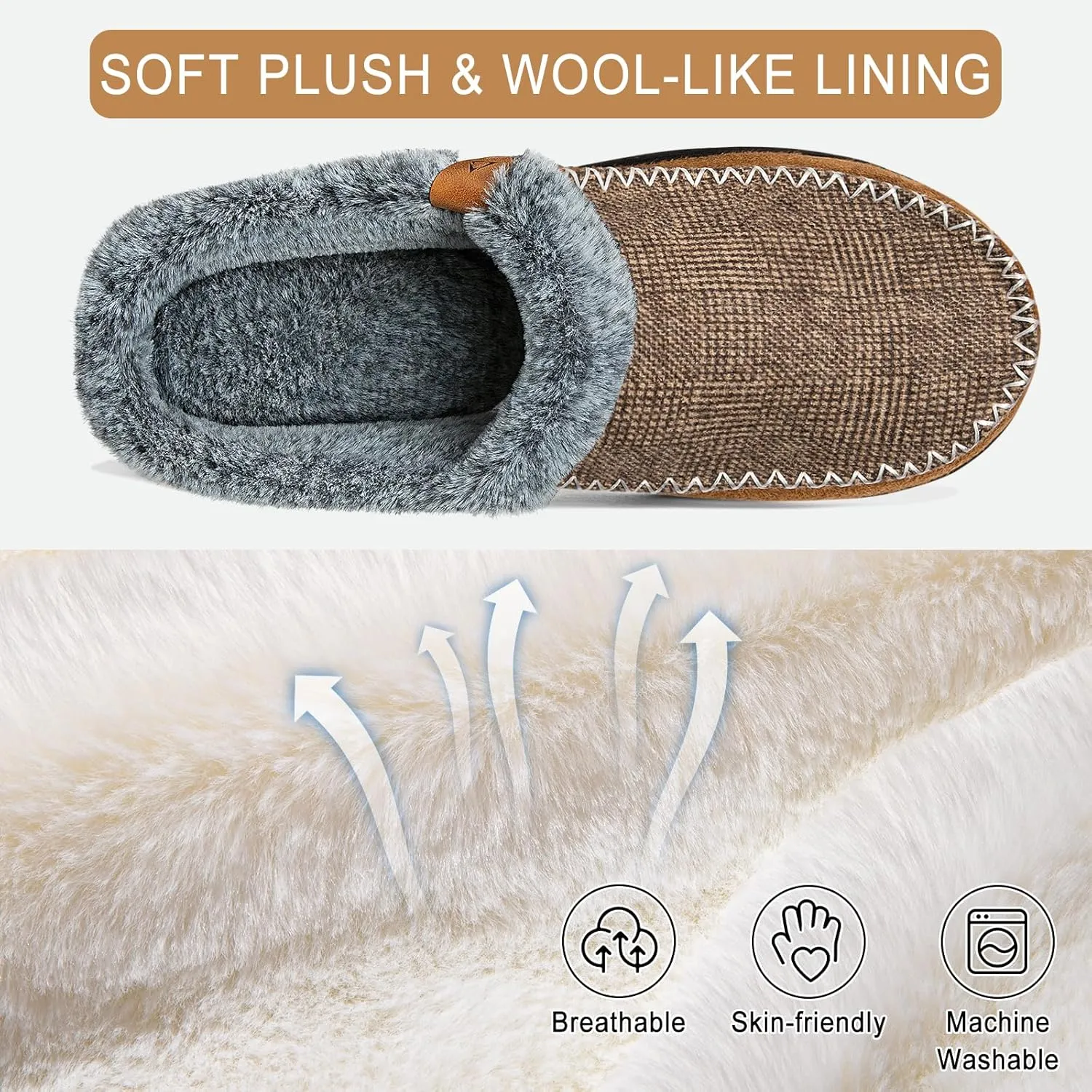 ATHMILE Men's Slippers Slip On Moccasin, Indoor Outdoor Warm Fuzzy Comfy House Shoes, Fluffy Wide Loafer Home Bedroom Slippers
