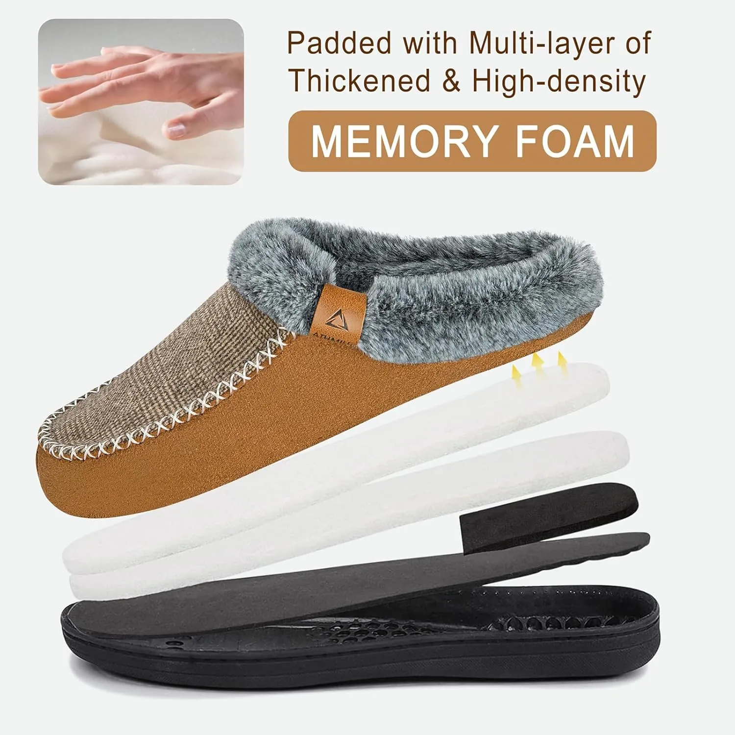 ATHMILE Men's Slippers Slip On Moccasin, Indoor Outdoor Warm Fuzzy Comfy House Shoes, Fluffy Wide Loafer Home Bedroom Slippers