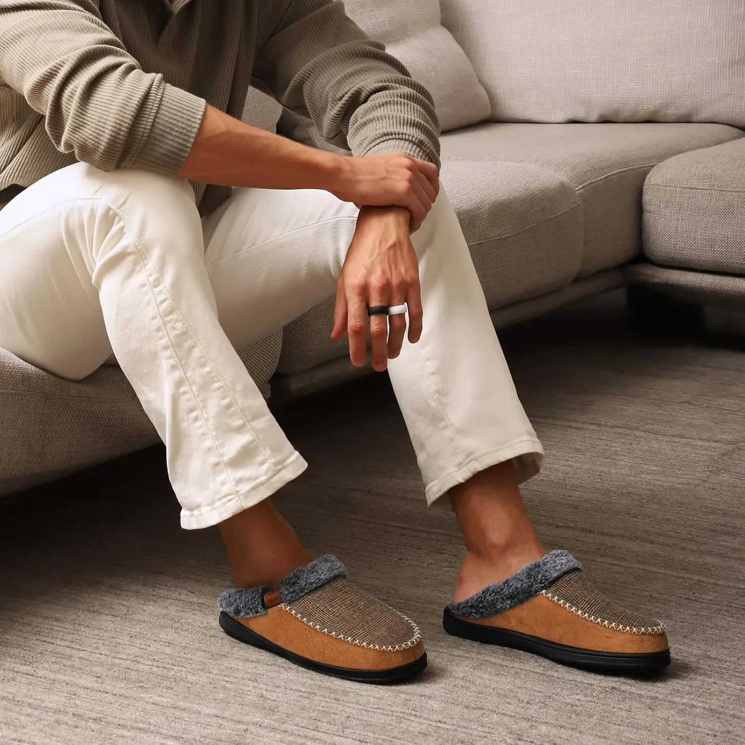 ATHMILE Men's Slippers Slip On Moccasin, Indoor Outdoor Warm Fuzzy Comfy House Shoes, Fluffy Wide Loafer Home Bedroom Slippers
