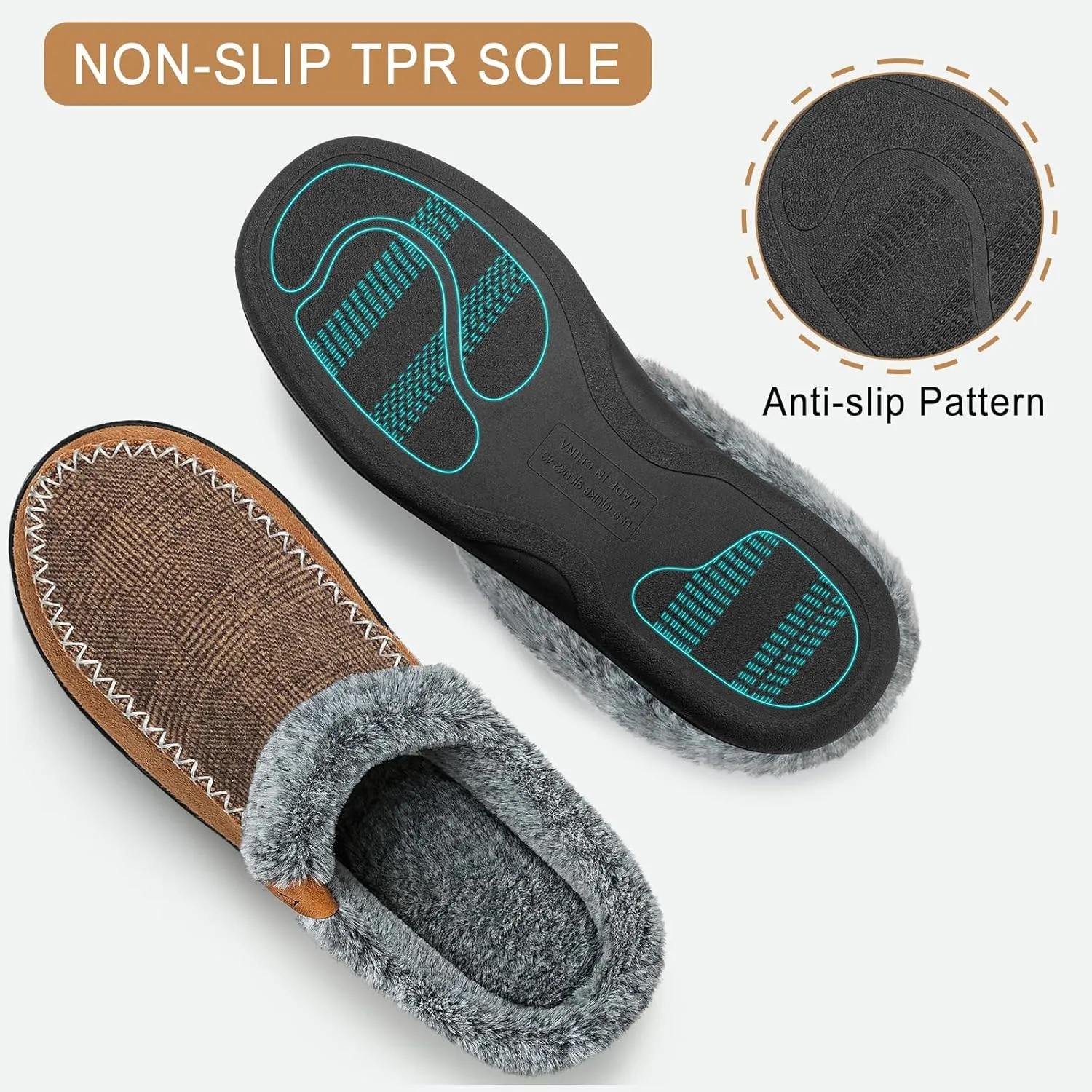 ATHMILE Men's Slippers Slip On Moccasin, Indoor Outdoor Warm Fuzzy Comfy House Shoes, Fluffy Wide Loafer Home Bedroom Slippers