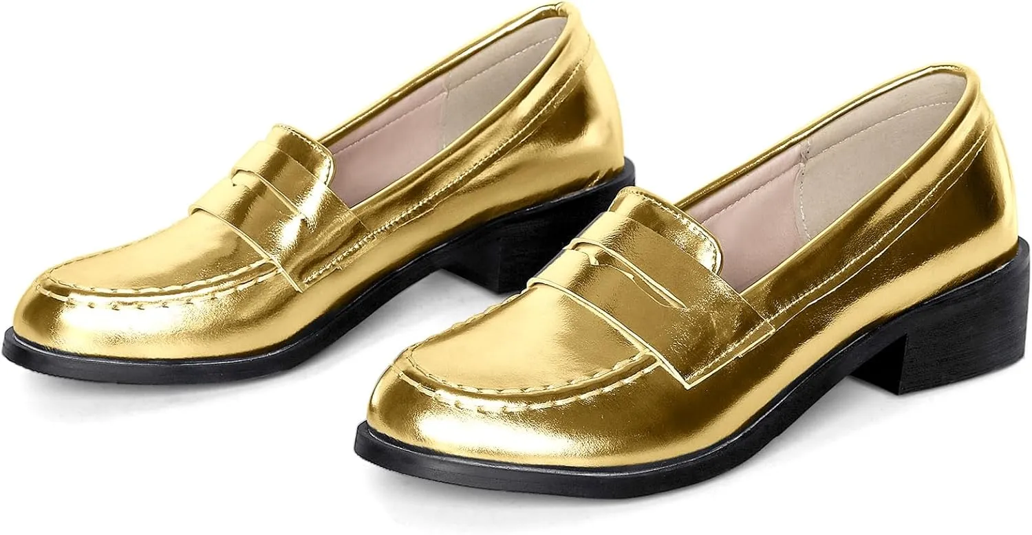 Betastella Women's Metallic Loafers Chunky Heel Loafers Low Heeled Slip On Pumps Office Work Shoes