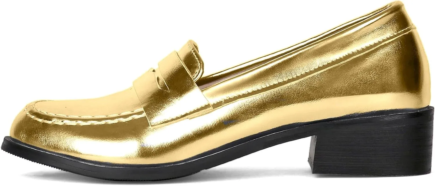 Betastella Women's Metallic Loafers Chunky Heel Loafers Low Heeled Slip On Pumps Office Work Shoes