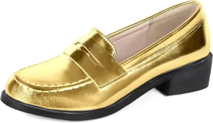 Betastella Women's Metallic Loafers Chunky Heel Loafers Low Heeled Slip On Pumps Office Work Shoes