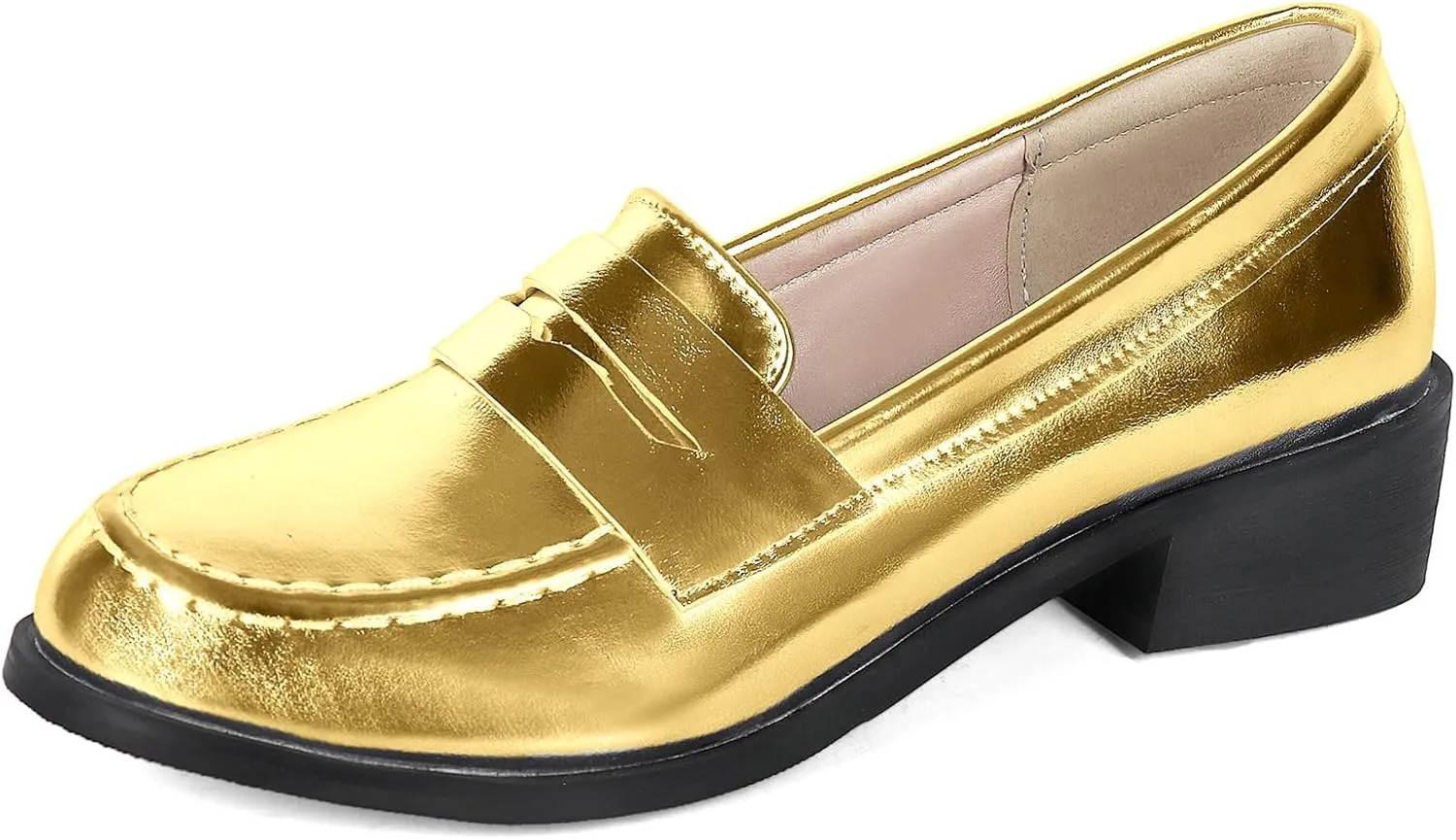 Betastella Women's Metallic Loafers Chunky Heel Loafers Low Heeled Slip On Pumps Office Work Shoes