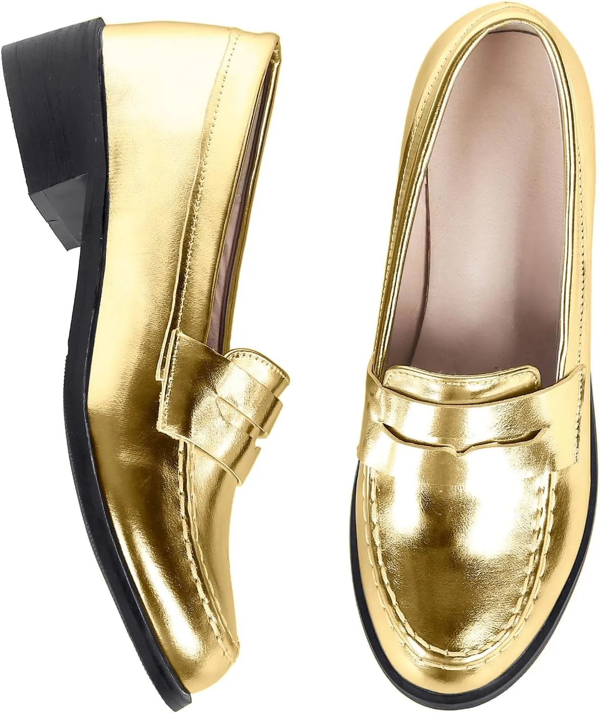 Betastella Women's Metallic Loafers Chunky Heel Loafers Low Heeled Slip On Pumps Office Work Shoes