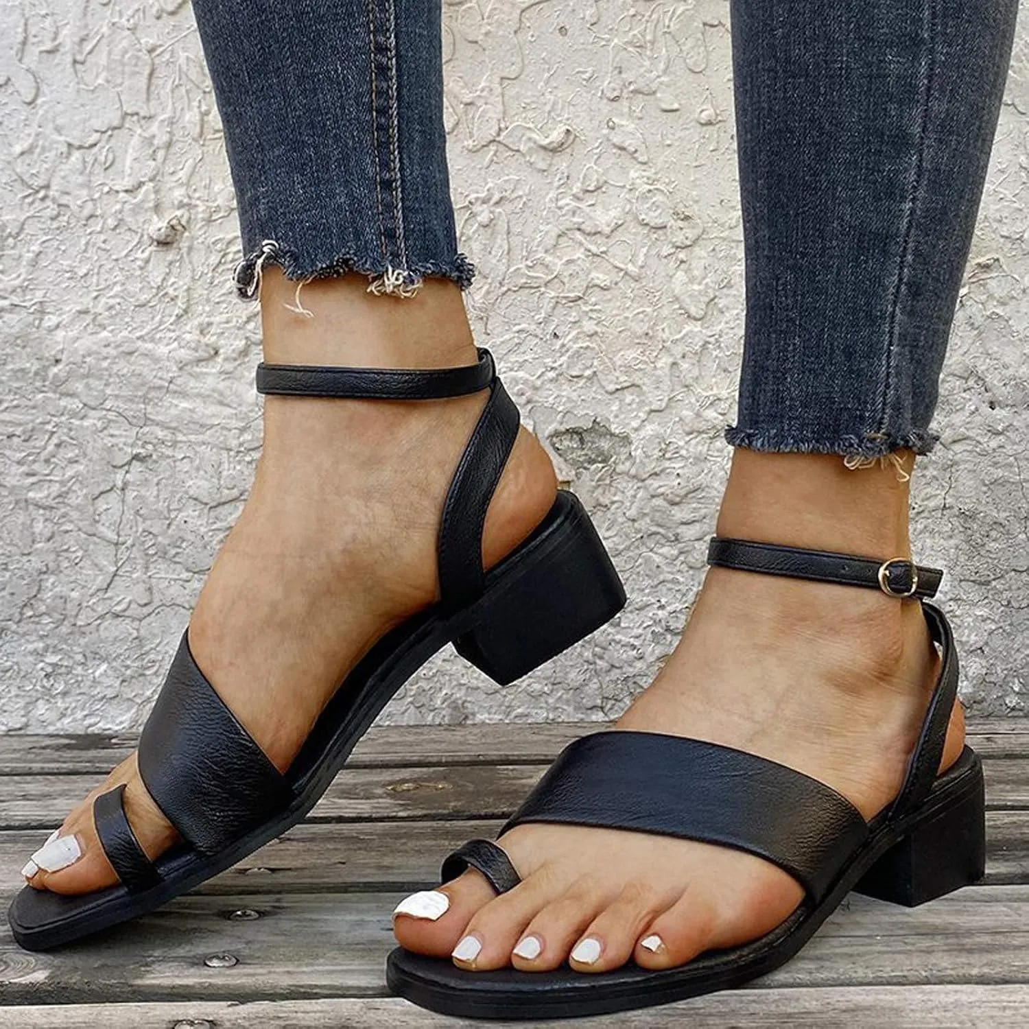 Block Heel Sandals for Women Dressy Summer Ankle Straps Toe Ring Open Toe Straps Mid-Heel One-line Buckle Slippers Comfy Casual Outdoor Shoes