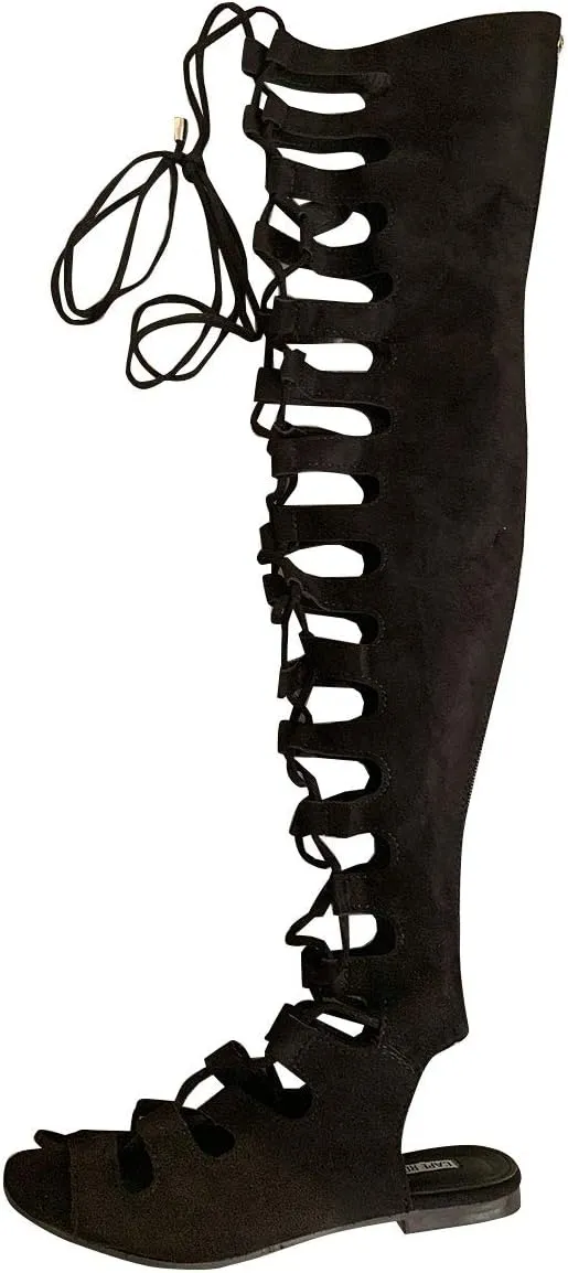 Cape Robbin Womens Open Toe Lace Up Gladiator Over The Knee Thigh High Caged Flat Sandal Boot 11 Black