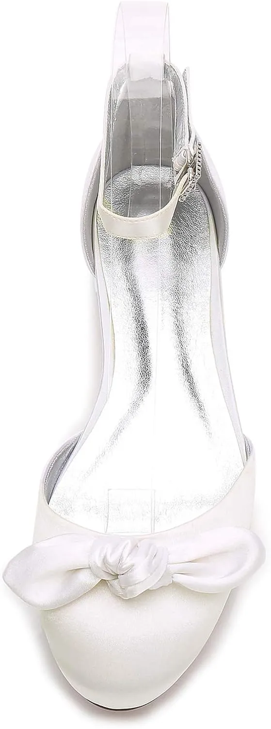 Charmstep Women's D'Orsay Ankle Strap Ballet Flats Round Toe Satin Bows Wedding Bridal Dress Shoes 5049-28
