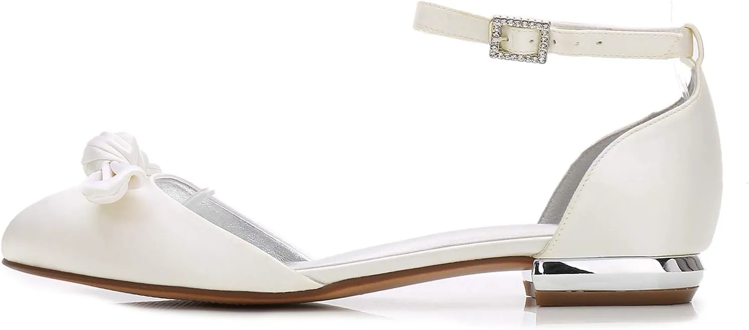 Charmstep Women's D'Orsay Ankle Strap Ballet Flats Round Toe Satin Bows Wedding Bridal Dress Shoes 5049-28
