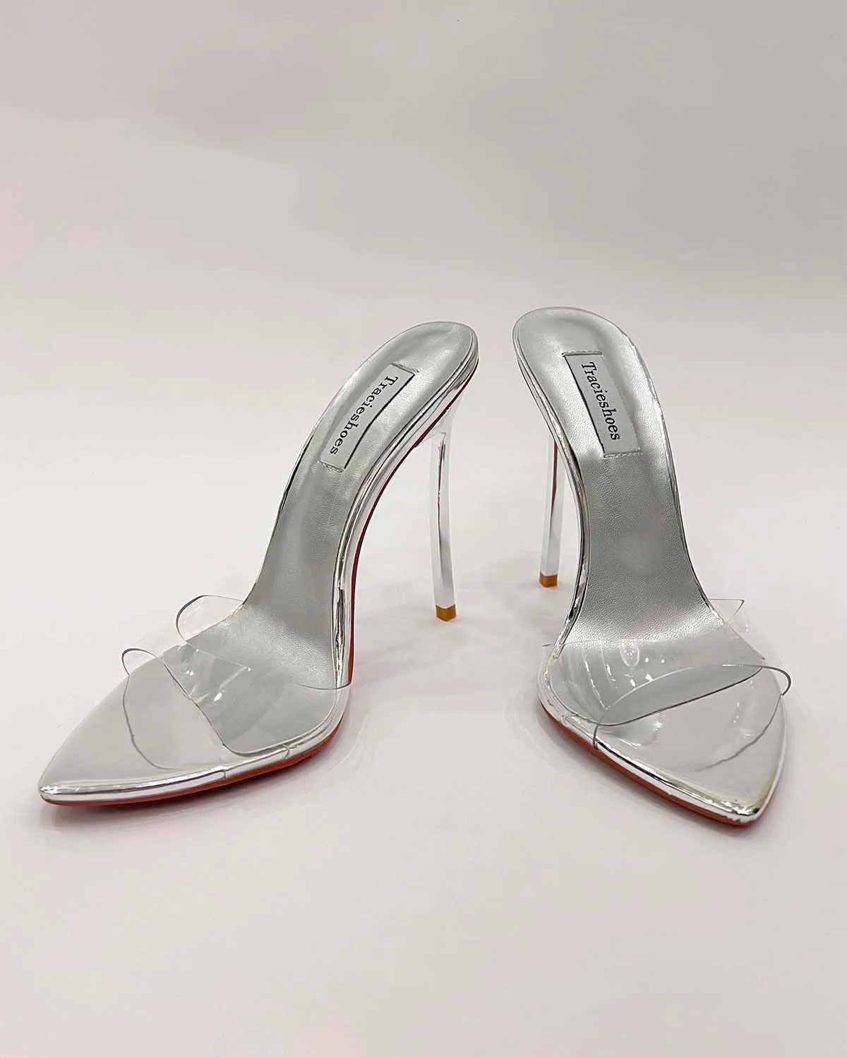 Clear High Heel Mules Shoes for Women Transparent Straps Elegant Pointed Toe Stiletto Sandals Slip-On 4.5 Inch Dress Shoes Silver