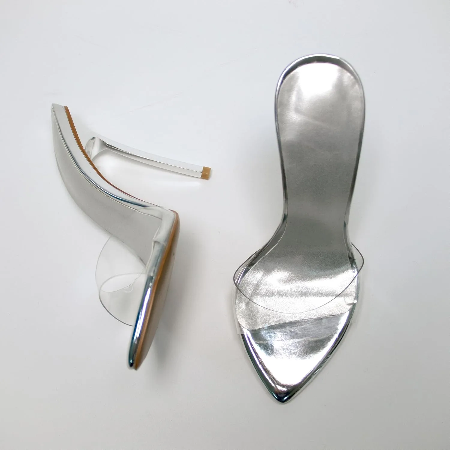 Clear High Heel Mules Shoes for Women Transparent Straps Elegant Pointed Toe Stiletto Sandals Slip-On 4.5 Inch Dress Shoes Silver
