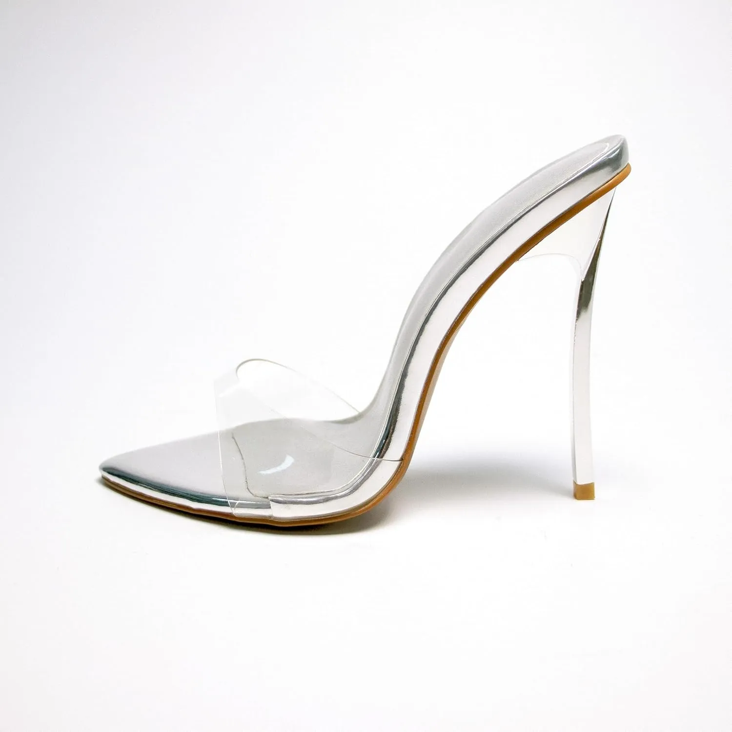 Clear High Heel Mules Shoes for Women Transparent Straps Elegant Pointed Toe Stiletto Sandals Slip-On 4.5 Inch Dress Shoes Silver