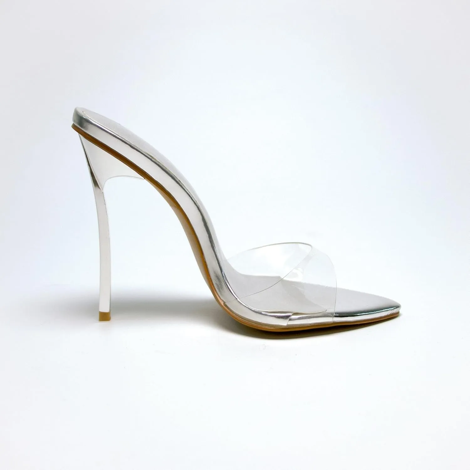 Clear High Heel Mules Shoes for Women Transparent Straps Elegant Pointed Toe Stiletto Sandals Slip-On 4.5 Inch Dress Shoes Silver