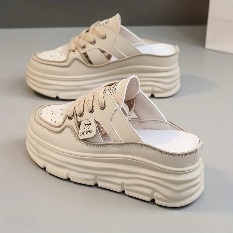 Comfortable Breathable Women's Mule Sneakers, Casual Cutout Design Lace Up Summer Shoes