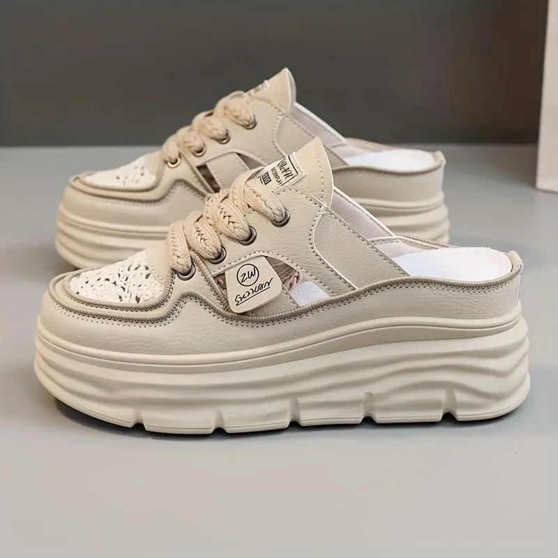 Comfortable Breathable Women's Mule Sneakers, Casual Cutout Design Lace Up Summer Shoes