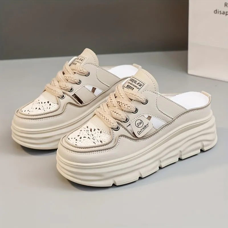 Comfortable Breathable Women's Mule Sneakers, Casual Cutout Design Lace Up Summer Shoes