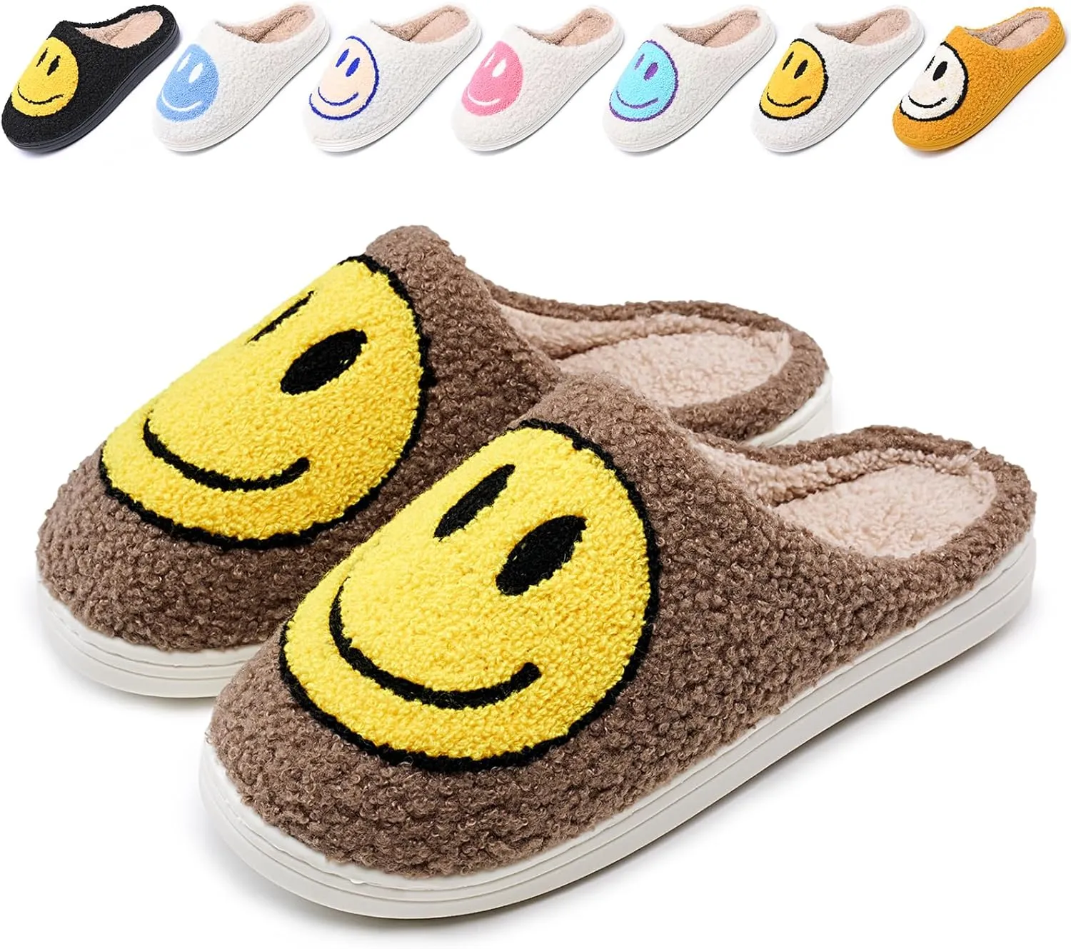 Cute Smile Face Slippers for Women and Men,Soft Plush Comfy Warm Couple Slip-On House Happy Face Slippers For Winter Indoor Outdoor Smile Slippers Non-slip Fuzzy Flat Slides