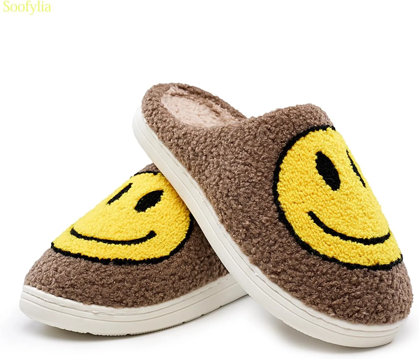 Cute Smile Face Slippers for Women and Men,Soft Plush Comfy Warm Couple Slip-On House Happy Face Slippers For Winter Indoor Outdoor Smile Slippers Non-slip Fuzzy Flat Slides