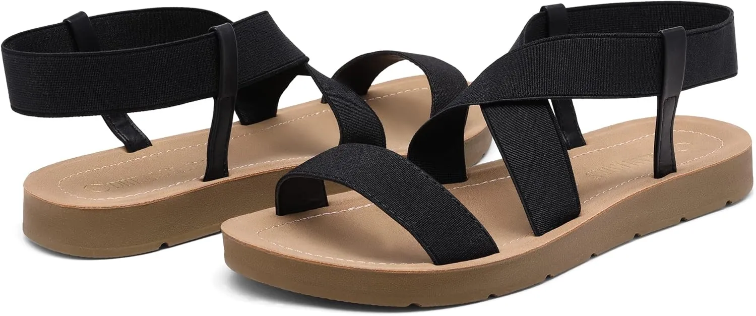 DREAM PAIRS Women's Open Toe Elastic Ankle Strap Flat Summer Sandals