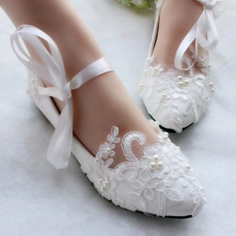 Dress First Women’s Strap Wedding Flat Bridal Closed Toe Shoes Low Heel Flats with Pearl