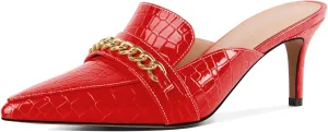 Eldof Women's Heeled Mules Pointed Toe Slip On Kitten Heels with Gold Chain 2.5 Inches