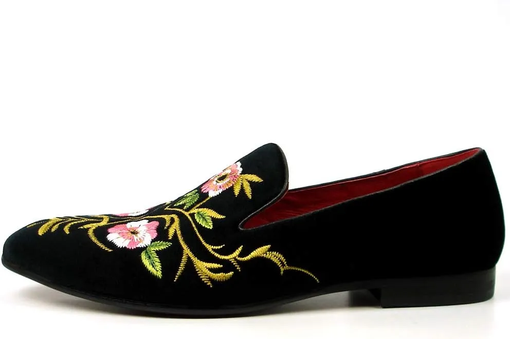 FI-7409 Men's Suede Flowers Embroidered Slip on Loafer