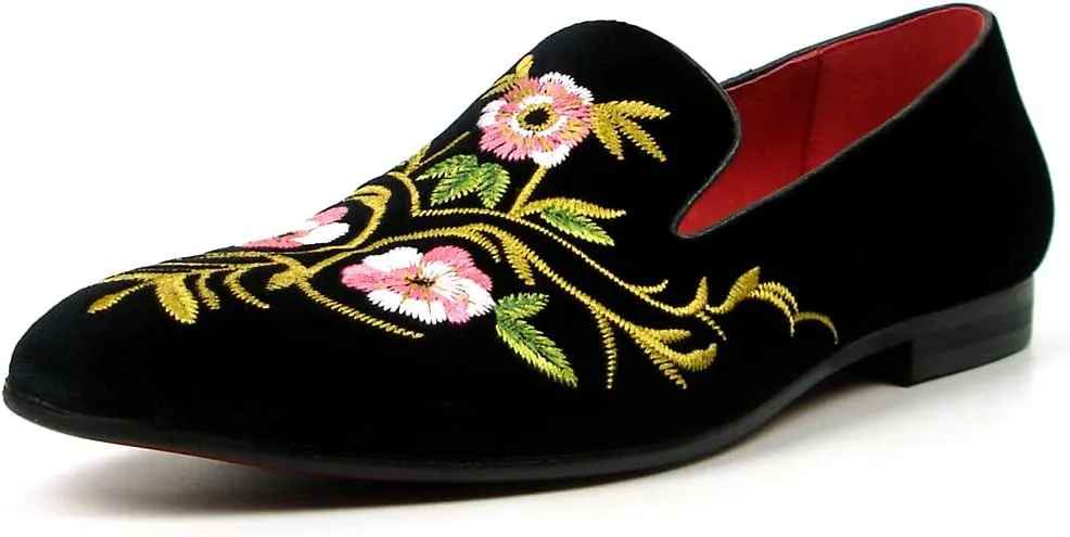 FI-7409 Men's Suede Flowers Embroidered Slip on Loafer