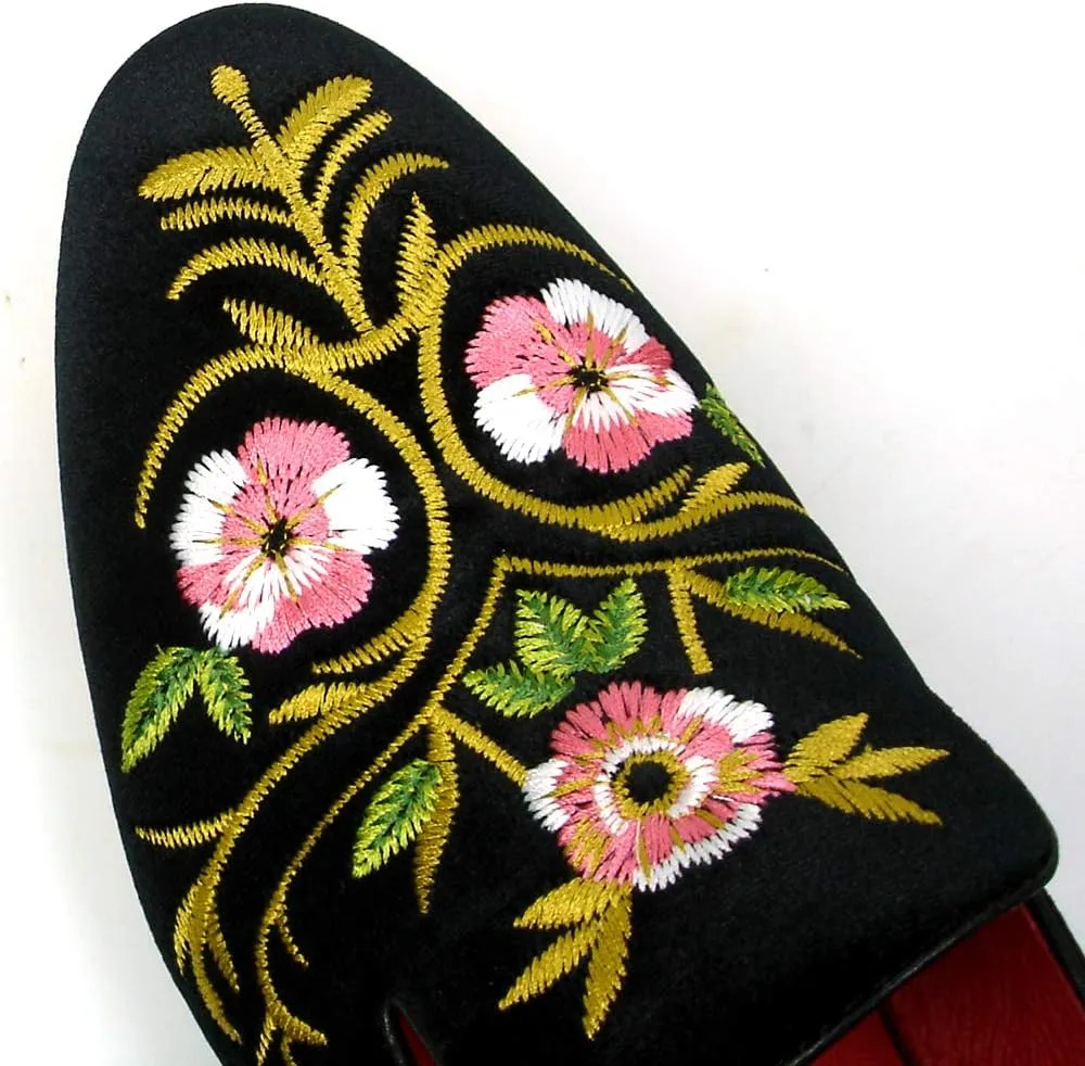 FI-7409 Men's Suede Flowers Embroidered Slip on Loafer