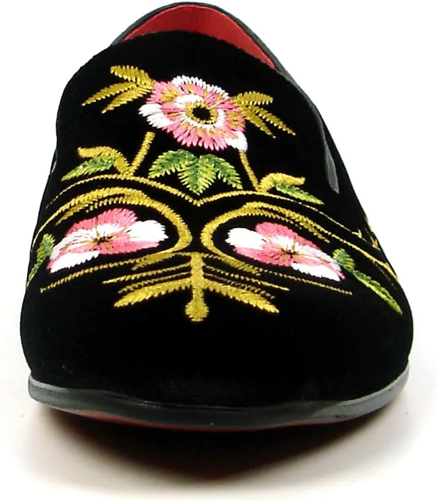 FI-7409 Men's Suede Flowers Embroidered Slip on Loafer