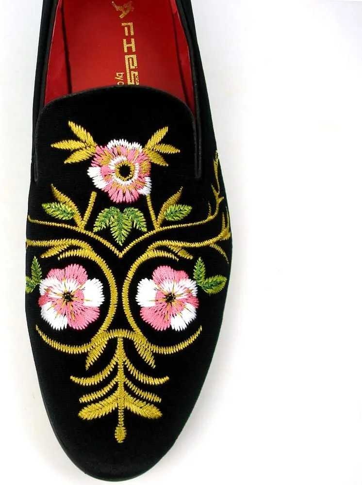 FI-7409 Men's Suede Flowers Embroidered Slip on Loafer