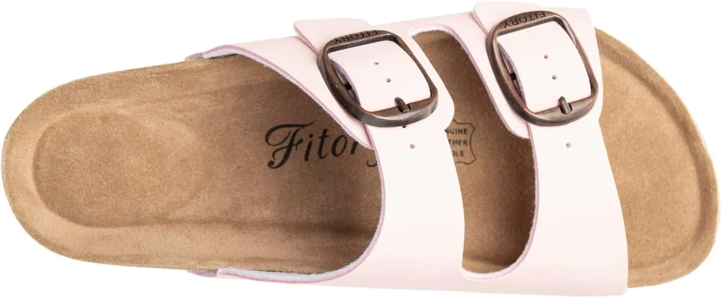 FITORY Womens Flat Sandals with Cork Footbed, Open Toe Slides Adjustable Slip On Slippers for Summer Size 6-11