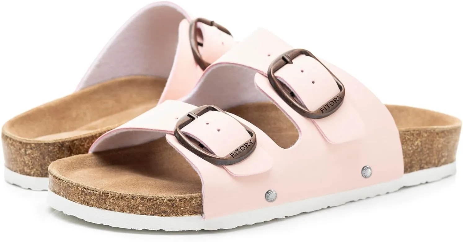 FITORY Womens Flat Sandals with Cork Footbed, Open Toe Slides Adjustable Slip On Slippers for Summer Size 6-11