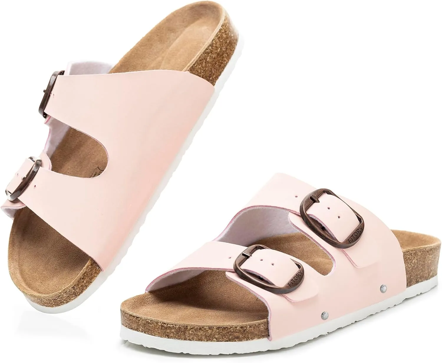 FITORY Womens Flat Sandals with Cork Footbed, Open Toe Slides Adjustable Slip On Slippers for Summer Size 6-11