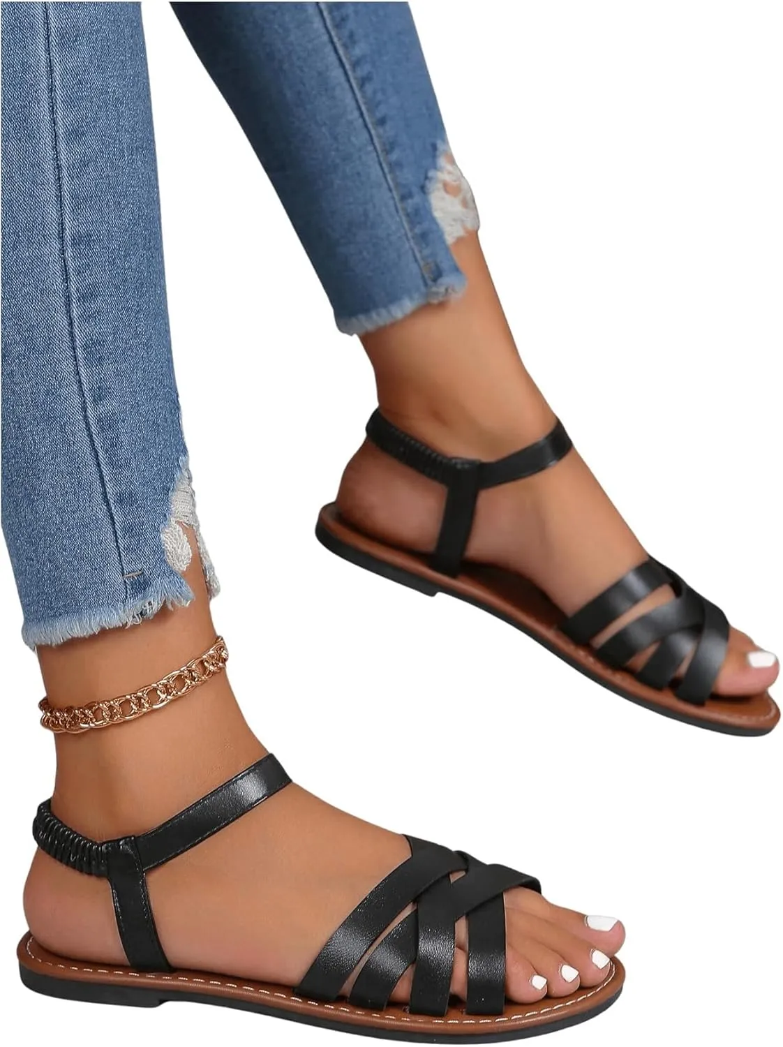 Floerns Women's Flat Sandal Cross Band Walking Sandal Open Toe Ankle Straps Shoes