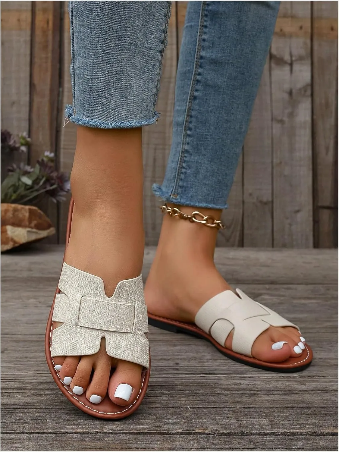 Floerns Women's Open Toe Leather Flat Slide Sandals Summer Beach Slipper