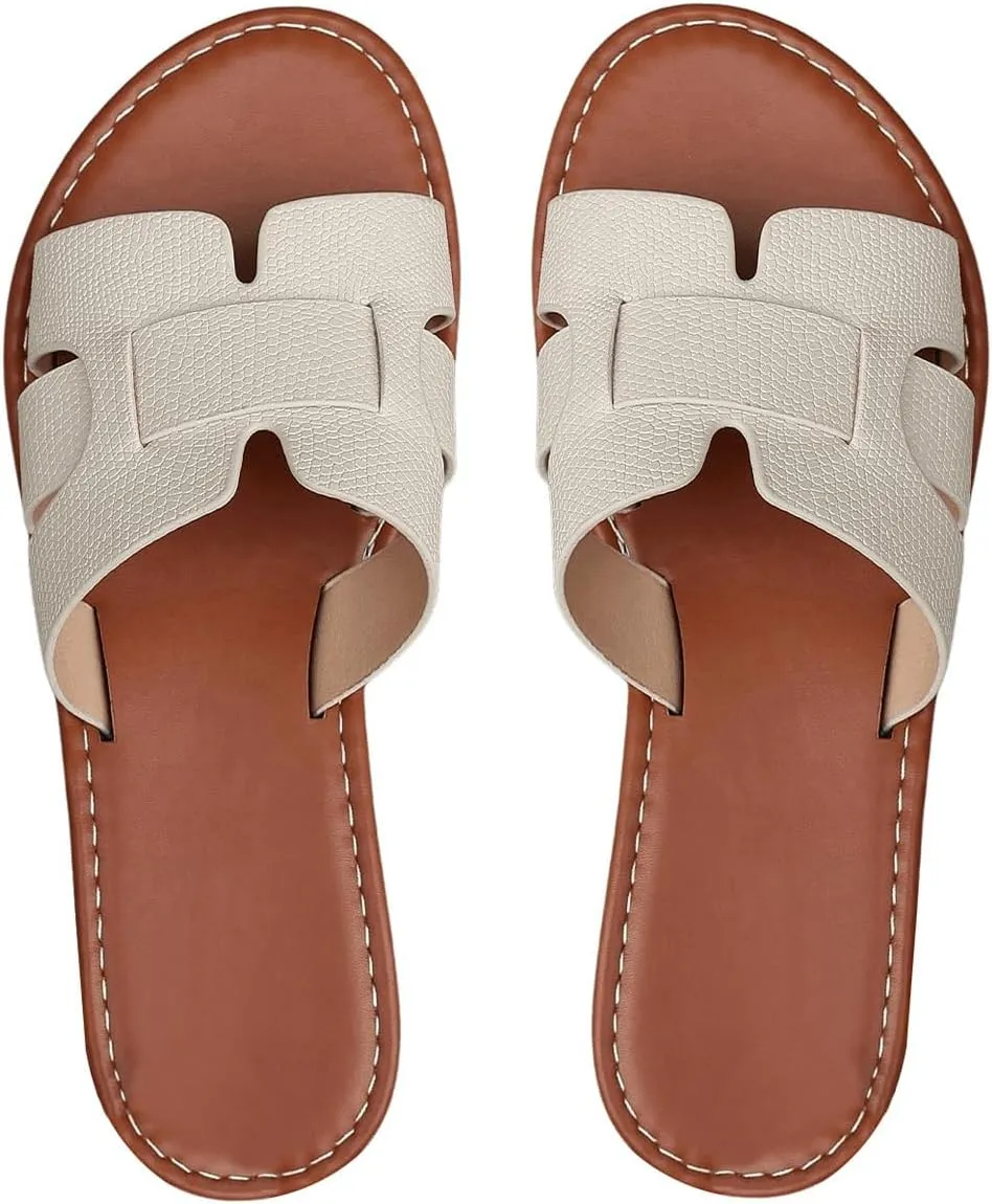 Floerns Women's Open Toe Leather Flat Slide Sandals Summer Beach Slipper