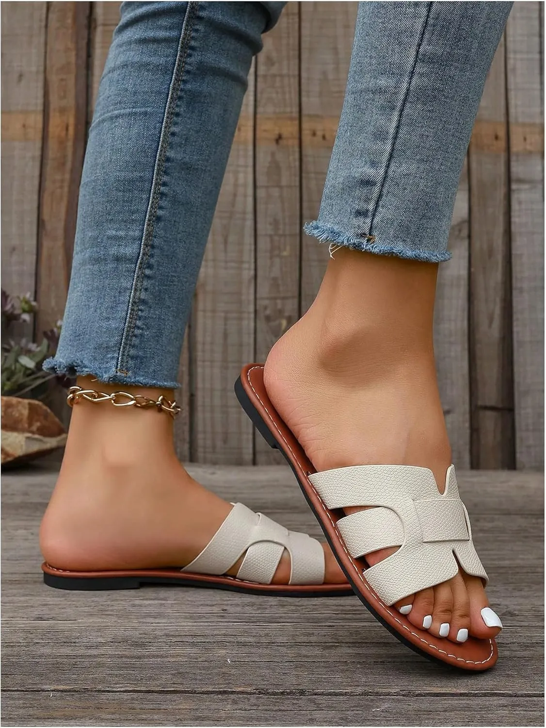 Floerns Women's Open Toe Leather Flat Slide Sandals Summer Beach Slipper