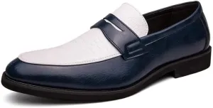 Formal Dress Shoes for Men Slip On Round Toe Two Tone PU Leather Penny Loafer Non Slip Low Top Rubber Sole Anti-Slip Outdoor(White Blue,9)