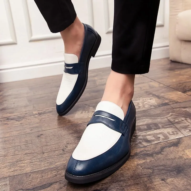 Formal Dress Shoes for Men Slip On Round Toe Two Tone PU Leather Penny Loafer Non Slip Low Top Rubber Sole Anti-Slip Outdoor(White Blue,9)