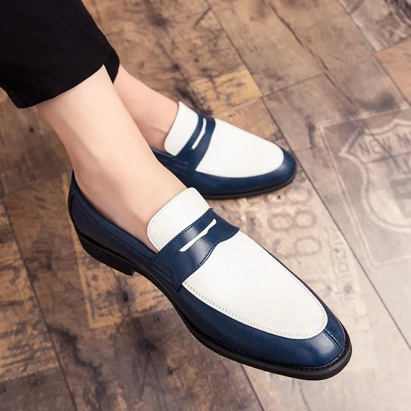 Formal Dress Shoes for Men Slip On Round Toe Two Tone PU Leather Penny Loafer Non Slip Low Top Rubber Sole Anti-Slip Outdoor(White Blue,9)