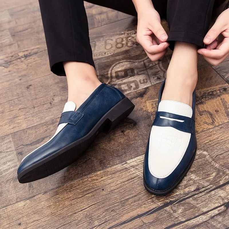 Formal Dress Shoes for Men Slip On Round Toe Two Tone PU Leather Penny Loafer Non Slip Low Top Rubber Sole Anti-Slip Outdoor(White Blue,9)