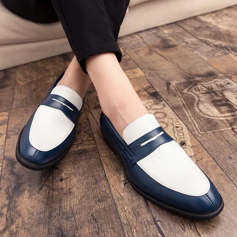 Formal Dress Shoes for Men Slip On Round Toe Two Tone PU Leather Penny Loafer Non Slip Low Top Rubber Sole Anti-Slip Outdoor(White Blue,9)