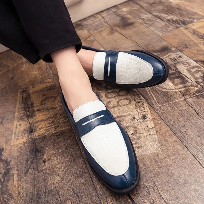 Formal Dress Shoes for Men Slip On Round Toe Two Tone PU Leather Penny Loafer Non Slip Low Top Rubber Sole Anti-Slip Outdoor(White Blue,9)