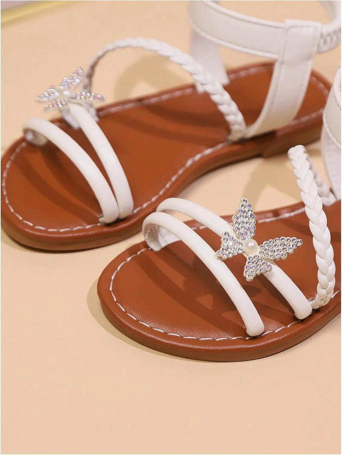 GORGLITTER Girl's Sandals Dressy Leather Butterfly Braided Rhinestone Glitter Summer Beach Ankle Strap Flat Sandals